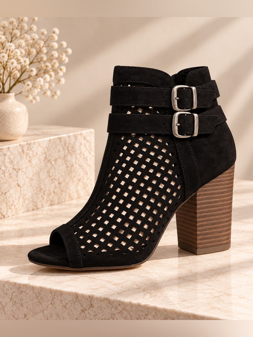JustFab Black Perforated Open-Toe Block Heel Booties with Buckles